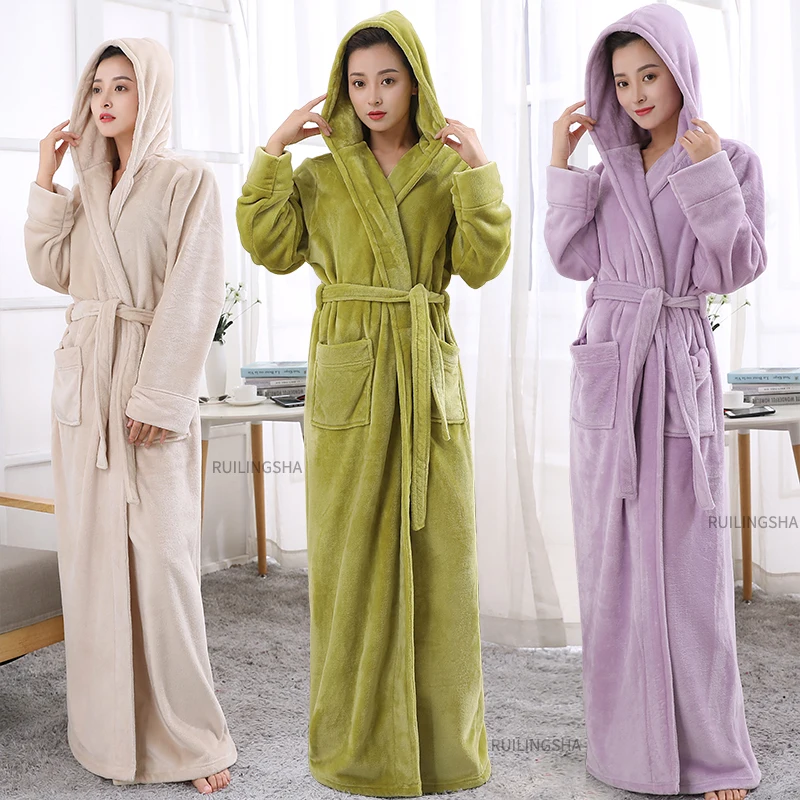 Lovers Hooded Extra Long Thermal Bathrobe Women Men Plus Size Winter Warm Bath Robe Coral Fleece Dressing Gown Bride Sleepwear