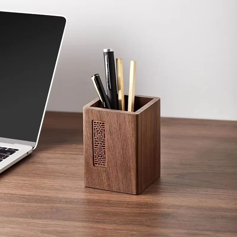 Black Walnut Solid Wood Pen Holder, Desktop Storage Box for Office, Retro Wooden Desk Organizer Decorative Ornament