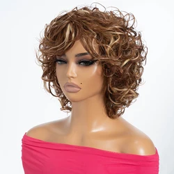 Short Curly Water Wave Pixie Cut Wigs 100% Real Ready To Wear Brazilian Hair WIgs Brown Highlight Human Hair Wigs For Women