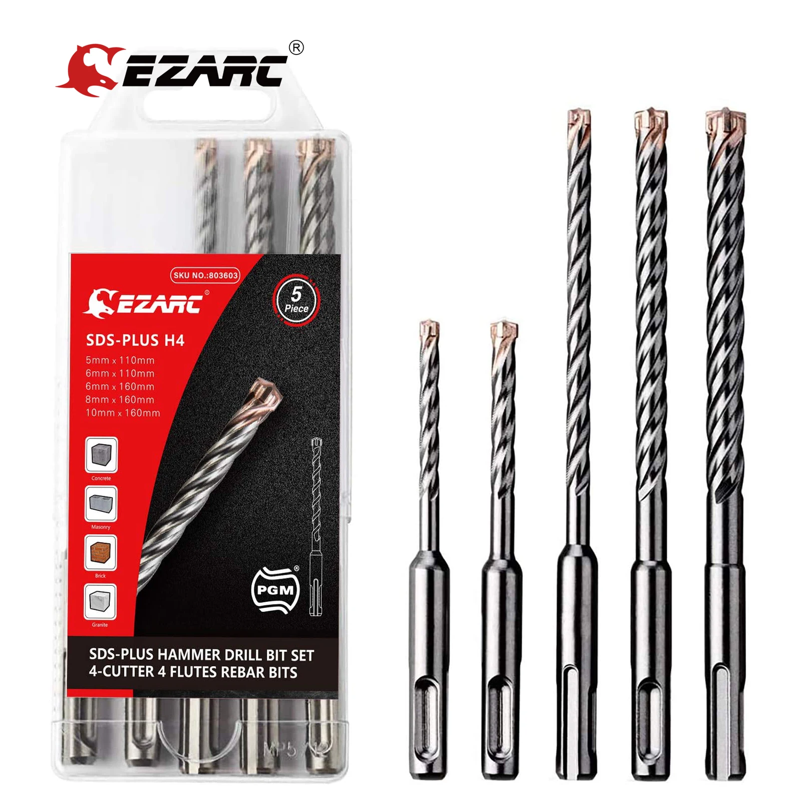 EZARC 5PC 2/4-Cutter Carbide Tips SDS-Plus Rotary Hammer Drill Bit Set for Reinforced Concrete, Masonry, Marble, Brick and Tile