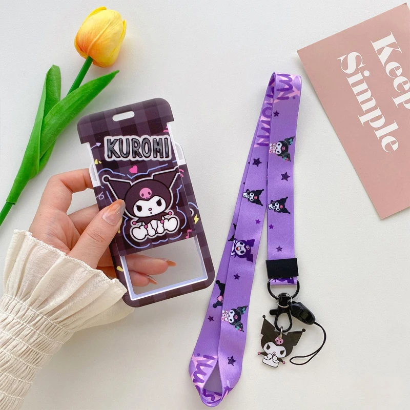 Cute Kuromi ID Card Holder Neck Strap Pendant Girls Sanrio Door Badge Holder Lanyards Keychain Women Work Credential Case Gift