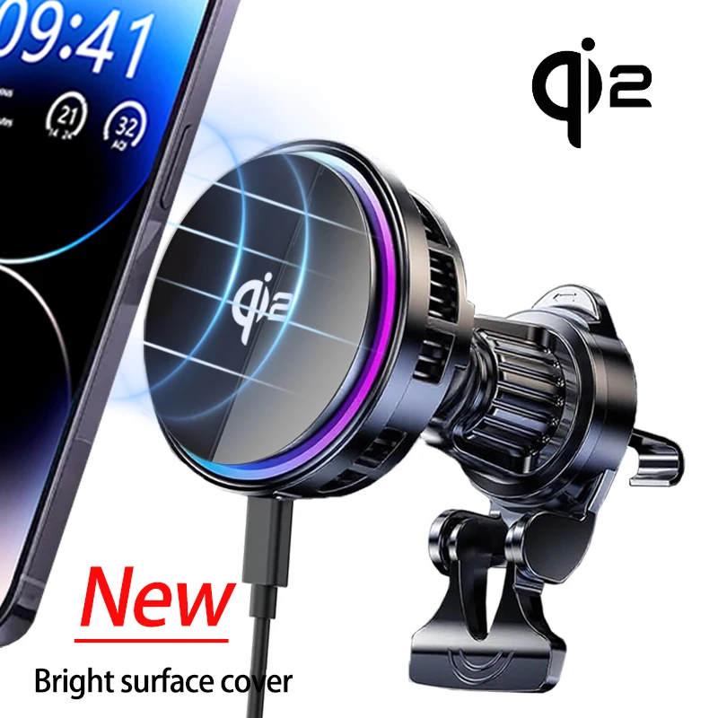 Gehärtetes Glas QI2 Magnetisches kabelloses Autoladegerät Eiskühlung RGB-Kühler für Magsafe iPhone 12-16 Telefonhalter Schnellladung