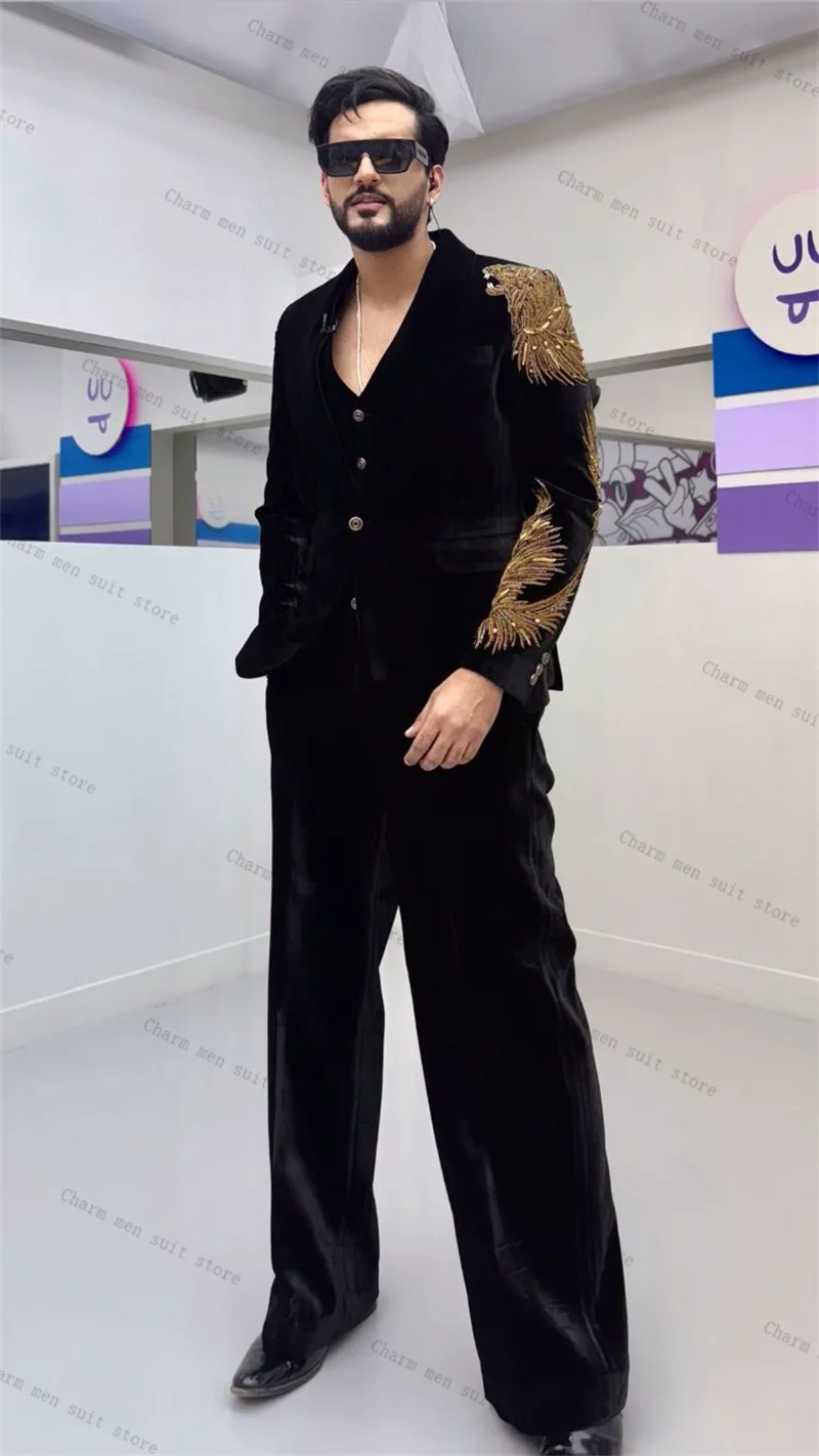 

Velvet Black Men Suits Set 2 Pcs Blazer+Pants Trousers Wedding Tuxedos Luxury Crystals Formal Office Customized Jacket Coat