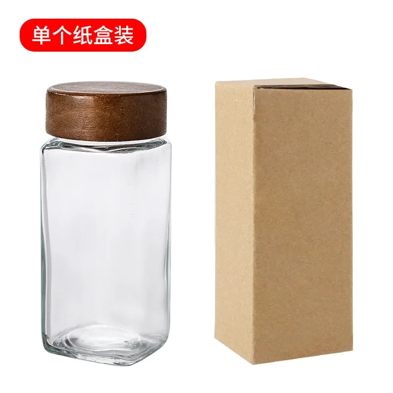 Glass Seasoning Jar Set Acacia Wood Cover Square Glass Bottle with Base Set Sealed Pepper Spice Jar Spices Organizer Kitchen