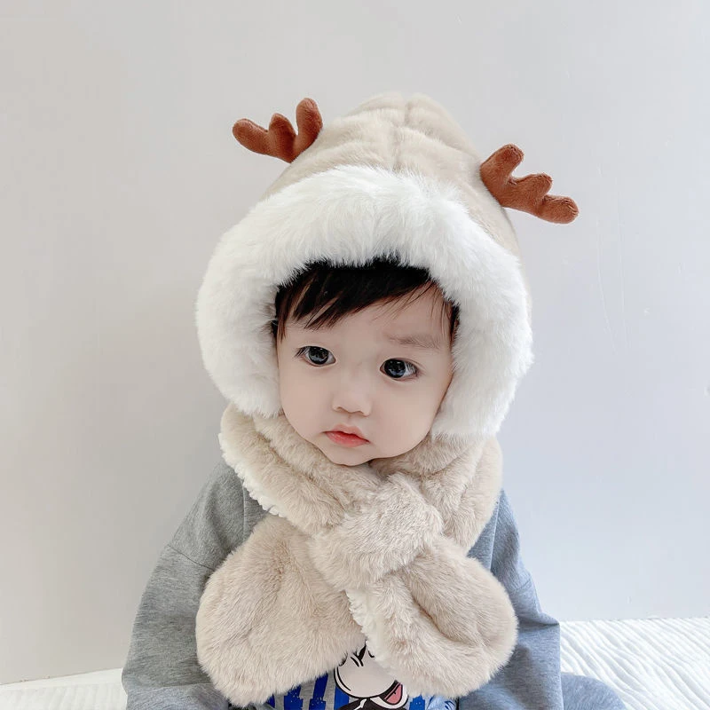 Autumn And Winter Children's Hats Ear Protection One Hat For Baby Boys Little Antlers And Wool Thickened Thermal Pullover Hat