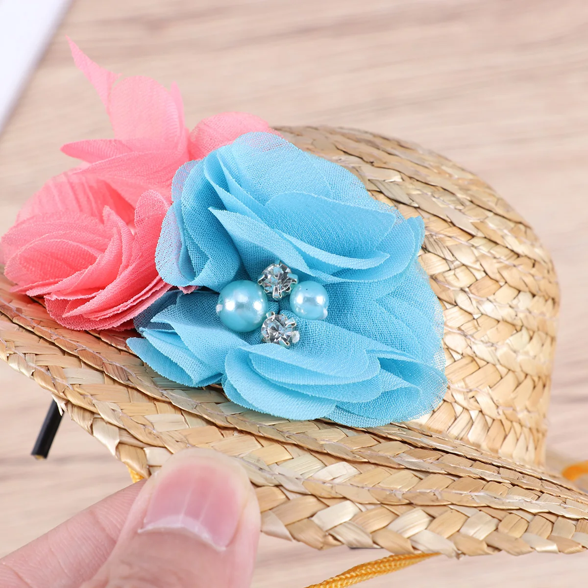 

Pets Straw Hat Dog Spring Summer Sunhat Size M Handcrafted Woven Straw Hat Adjustable String for Pet Dog Cat Party Decor Flower