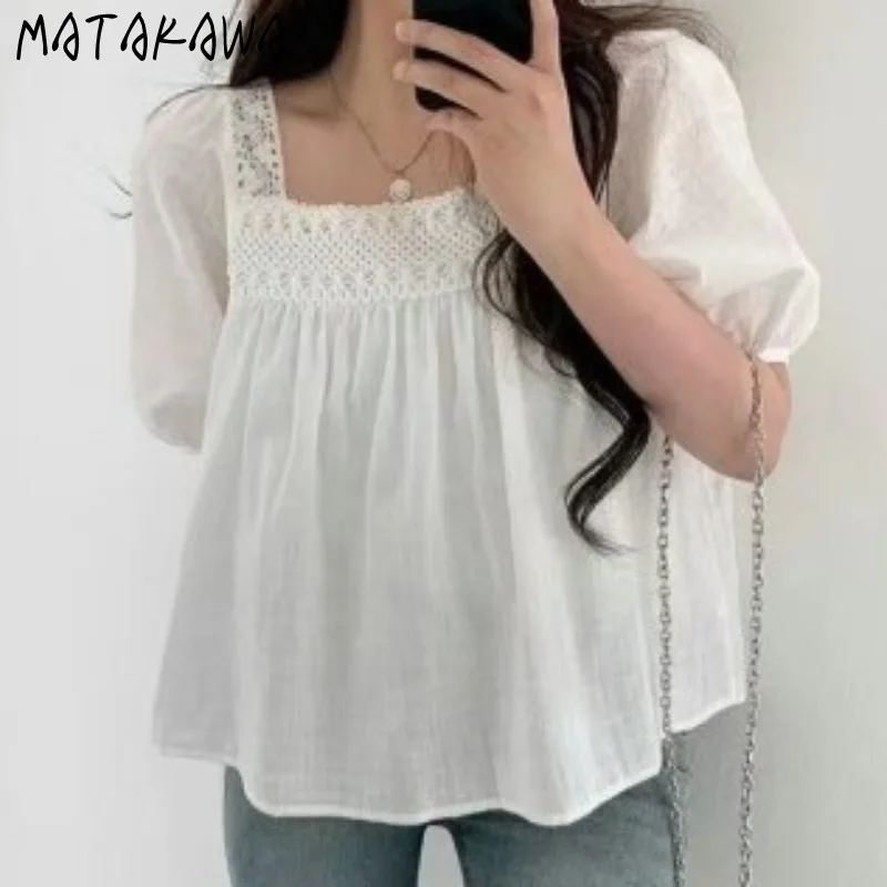 Matakawa 2025 Spring Summer Blouses Solid Square Neck Solid Korean Fashion Sweet Women Shirts Hollow Out Retro Blusas Mujer