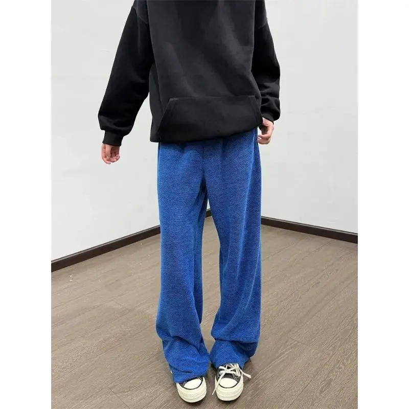 Men's Solid Color Simple Blue Casual Pants Wide Legs Sweatpants Cool Boy Summer Bottom Male High Waist Unisex Baggy Trousers
