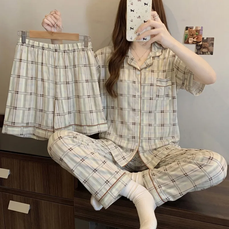 

Summer New Plaid Print Pajamas Three-piece Women's Vintage Short-sleeved & Shorts & Long Pants Ladies Sleepwear Fashion Homewear