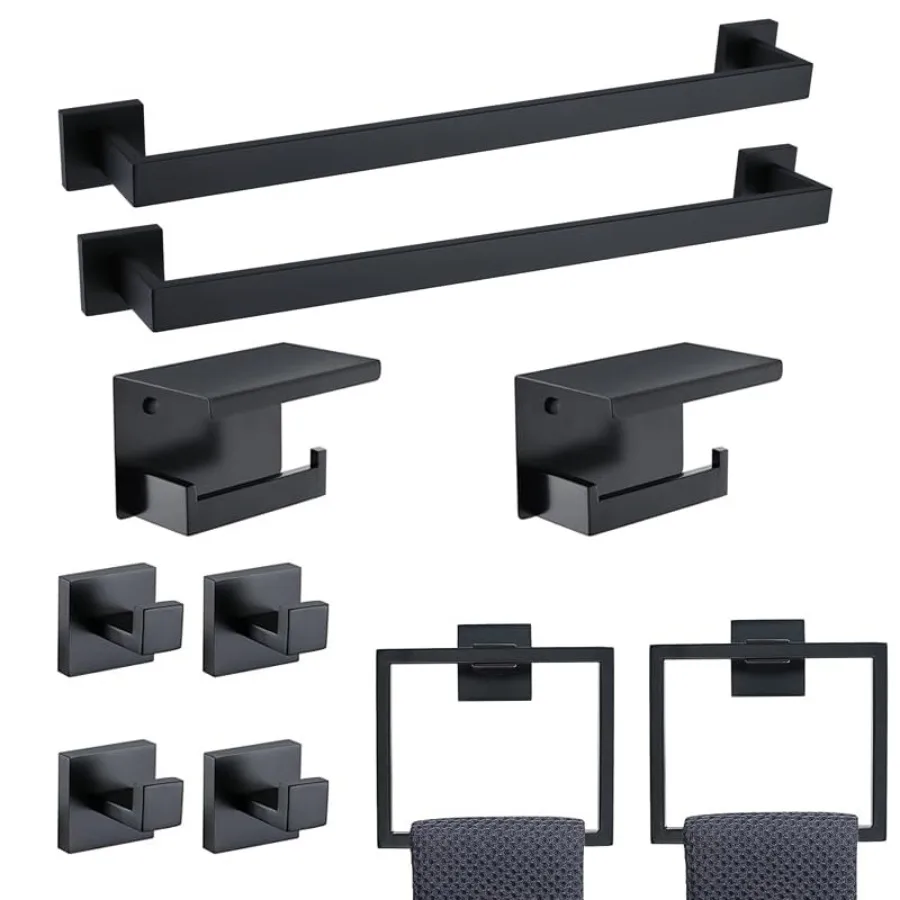 

10-Piece Black Bathroom Hardware Set SUS304 Stainless Steel, 2×23.6" Towel Bars, 2 Towel Rings, 2 Toilet Paper Holders and 4 To
