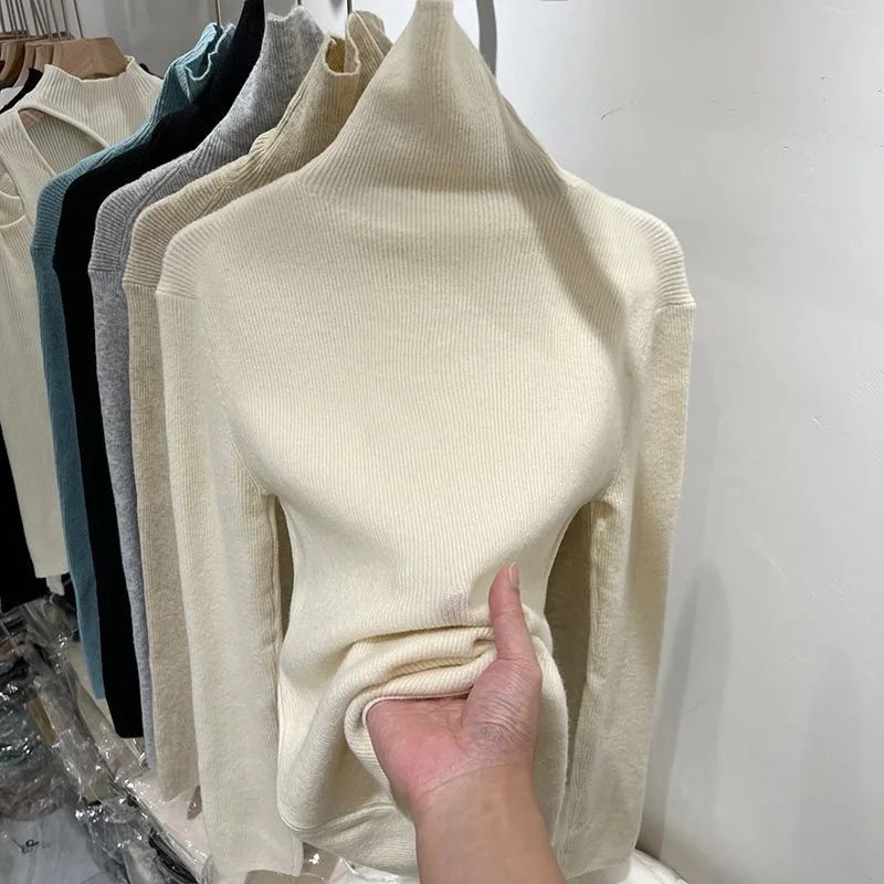 المرأة محبوك مضلع البلوز 2025 الخريف الشتاء سترة سترة طويلة الأكمام الياقة المدورة ضئيلة البلوز لينة الدافئة سحب فام القمم