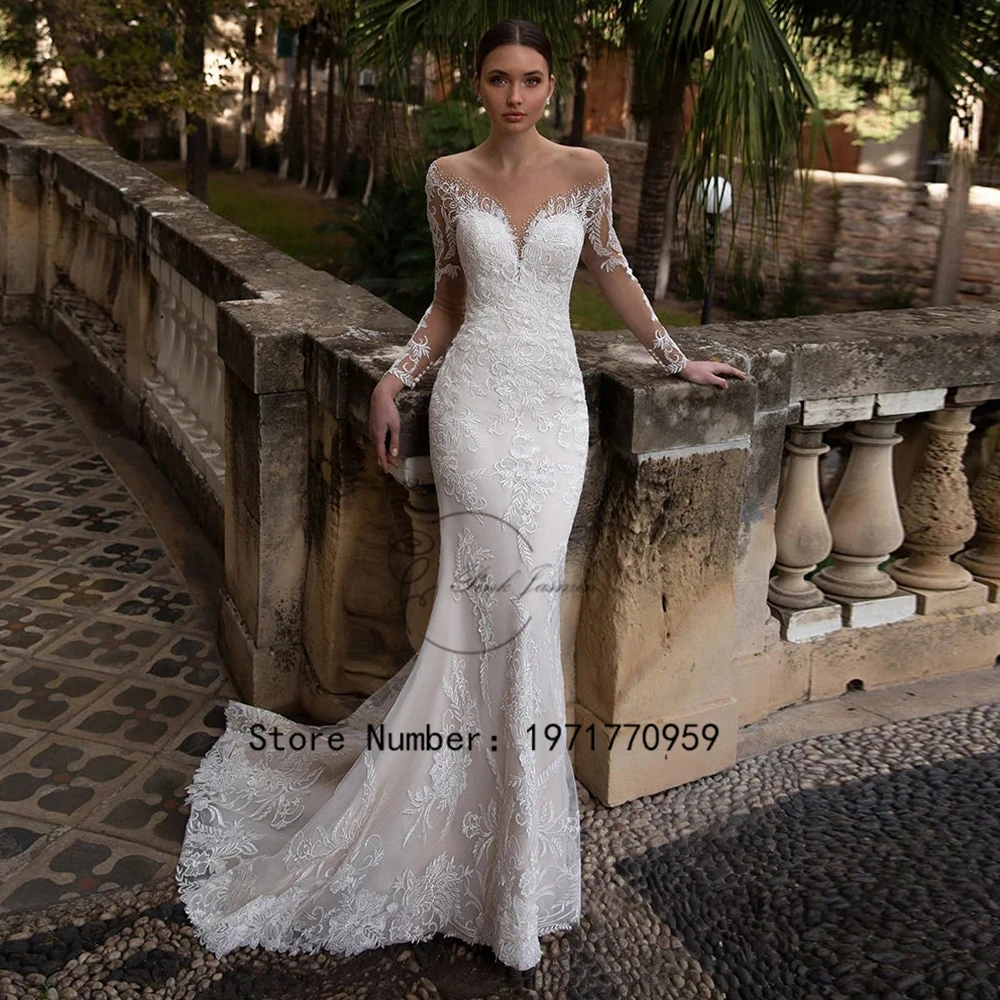 V-Neck Long Sleeves Illusion Mermaid Civil Wedding Dresses For Woman Applique Wedding Gowns Sexy Vestidos De Novia 2024 New