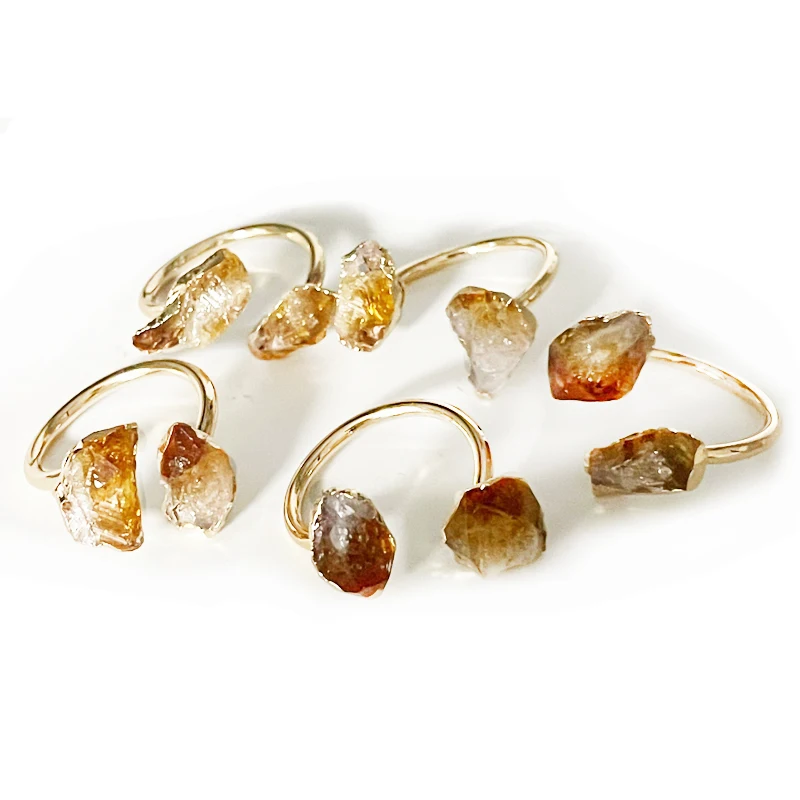 Citrine Open Ring for Women Girls Golden Irregular Handmade Raw Stone Finger Jewelry Adjustable Size