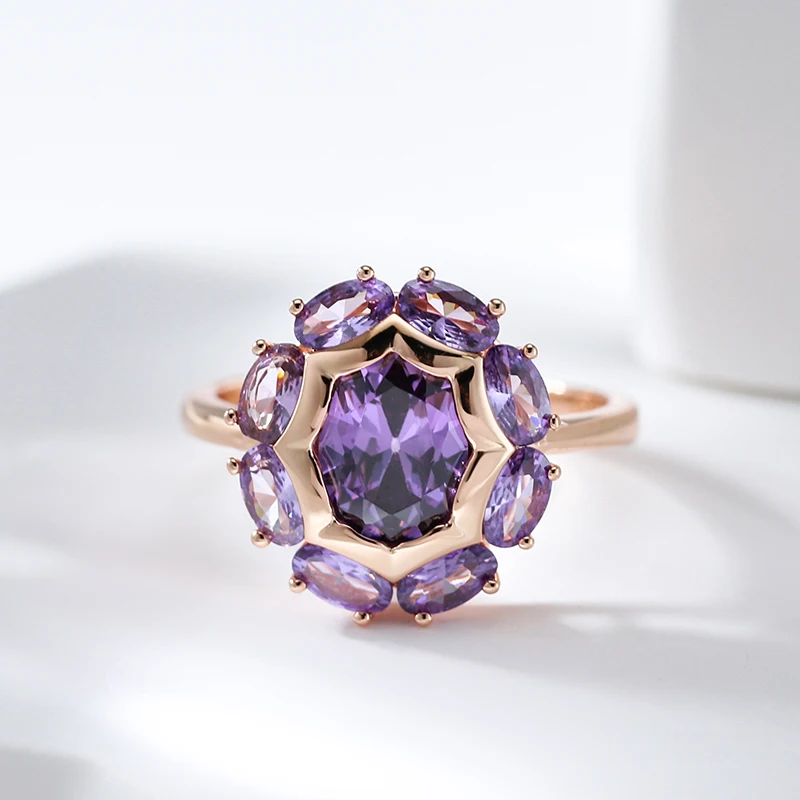 Kinel  Unusual Sparkling Oval Purple Natural Zircon Rings for Women Luxury 585 Rose Gold Color Party Daily Fine Jewelry 2023 New