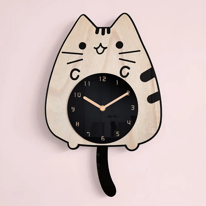 

Wooden Cartoon Clock Children's Room Cat Wagging Tail Creative Mute Wall Clock Living Room Decor Wall Clock Office Decor