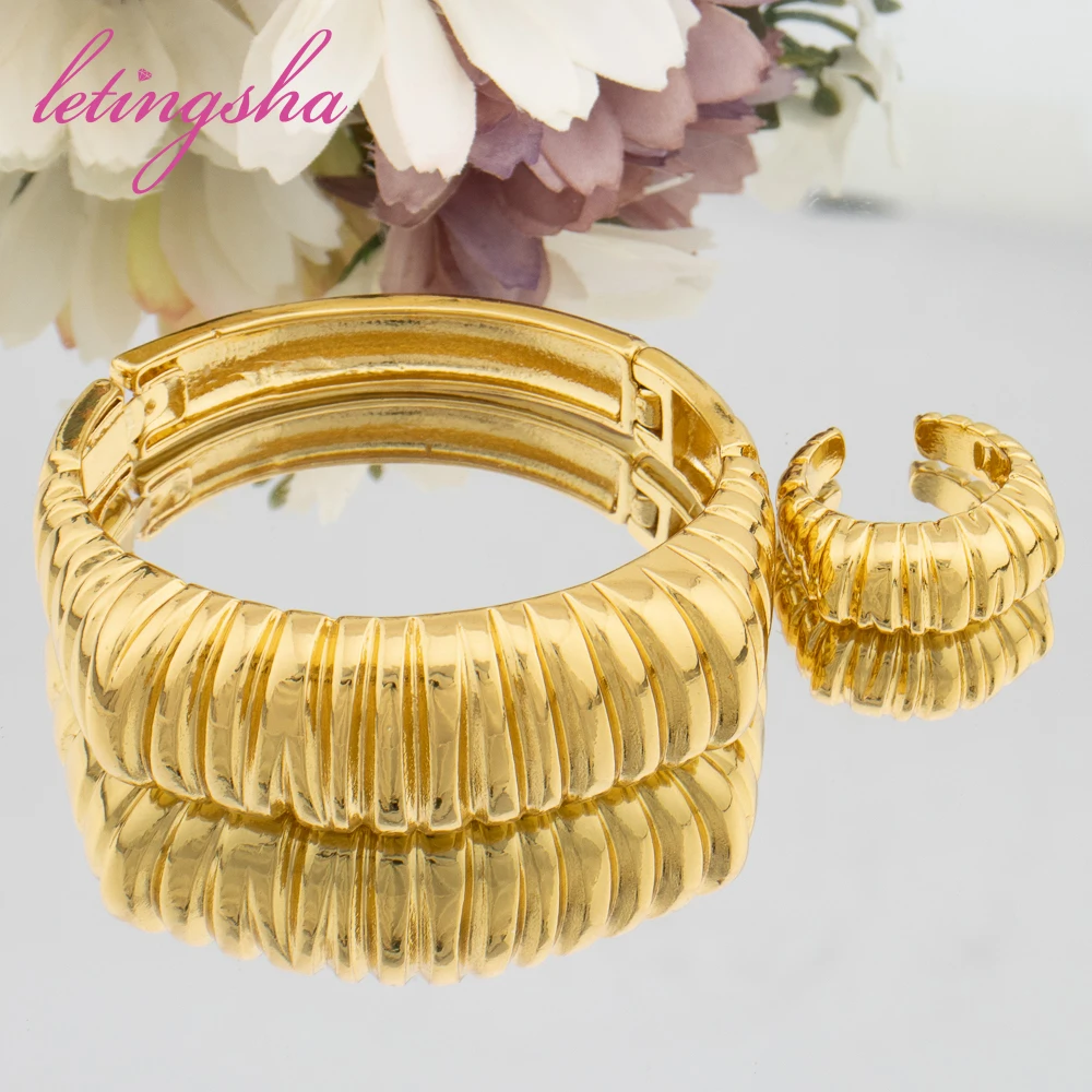 Newest Fashion Bangle Ring 2Pcs Set for Ladies Gold Color Stainless Jewellery Ethiopian Daily Wear Bracelets Rings Jewelry Set