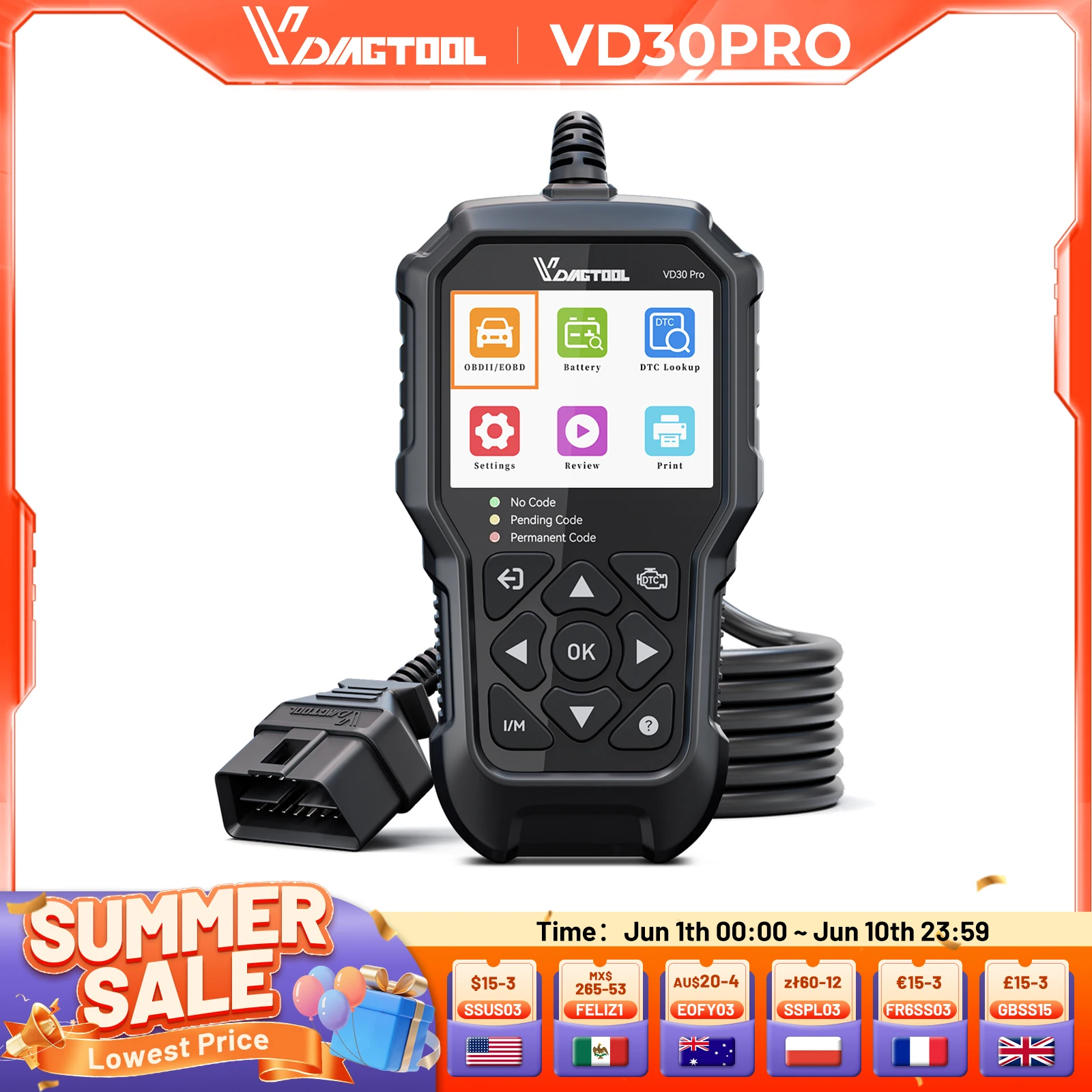 VDIAGTOOL VD30 Pro lecteur de Code OBDII outil de Diagnostic de données en direct avec réinitialiser le cadre de congélation lecture I/M pour la numérisation de voitures et de camions