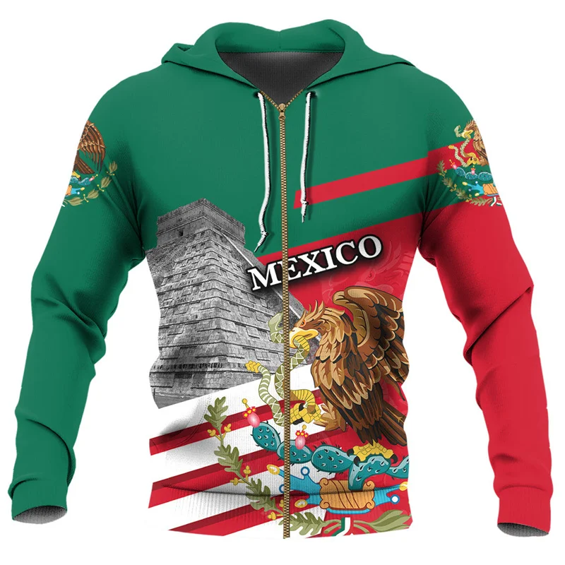 Harajuku 3D Mexico Skull Aztec Warrior Flag Printing Zip Up Hoodies For Men Mexican Coat Of Arms Graphic Zip Up Sweatshirts Tops