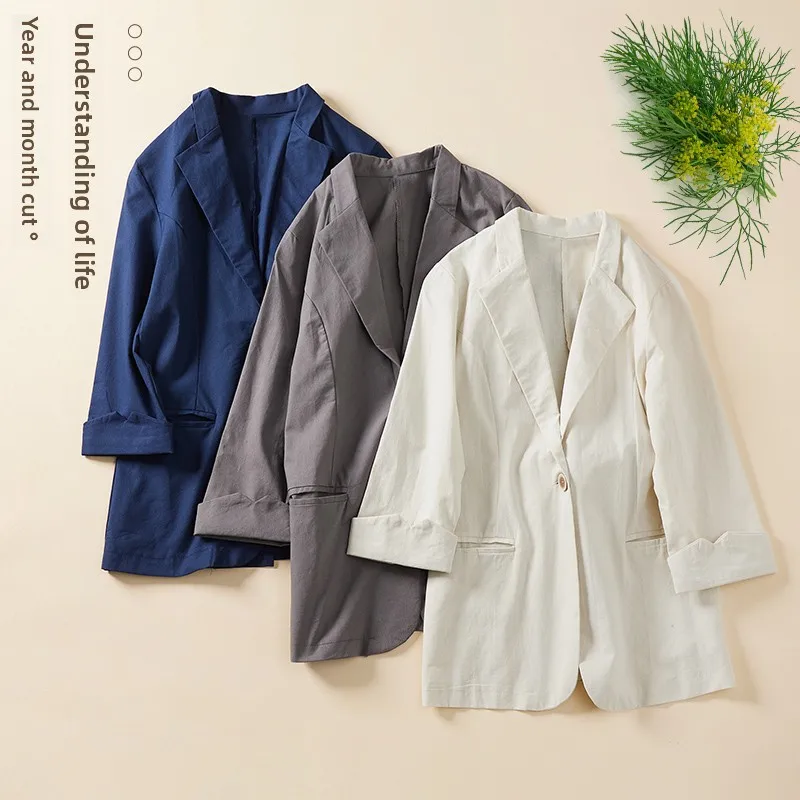 

Pure Color Cotton Linen Loose Fit Split Ba Single Button Seven Sve Length Coat Sle Casual Commute Faion Women's Suit...