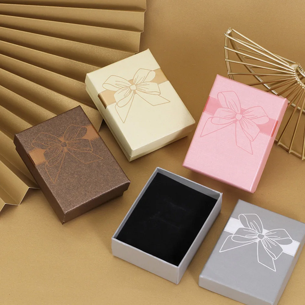 10Pcs Bronzing Stamped Bow Jewelry Organizer Storage Gift Box Necklace Earrings Ring Box Paper Jewellry Packaging Container