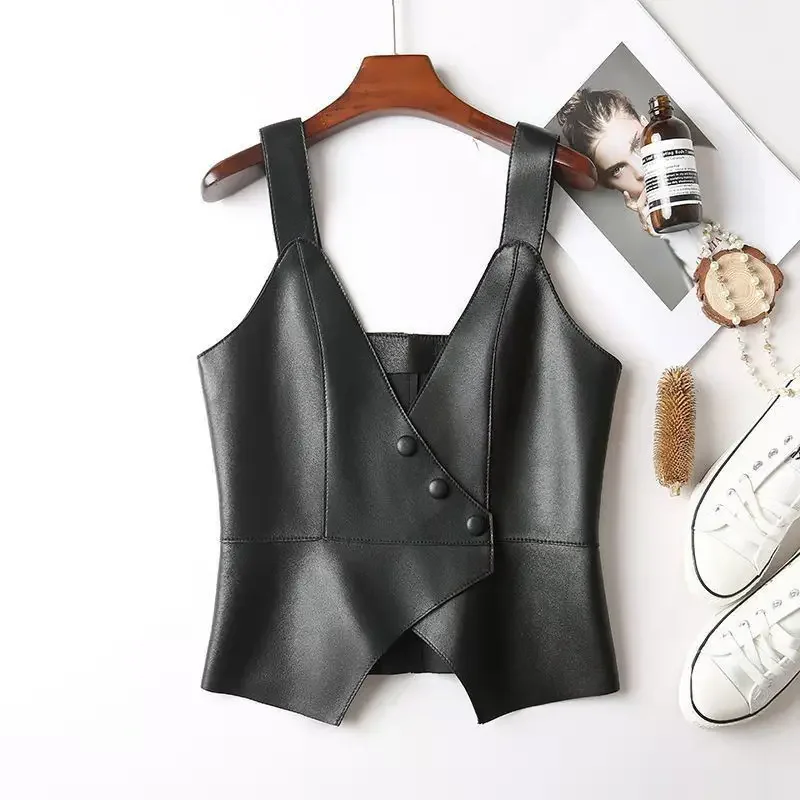 Chic Design PU Leather Vest Women Streetwear Cropped Sleeveless Outerwear Spring Autumn Tops Jacket Cardigan Girl Vests Slim New