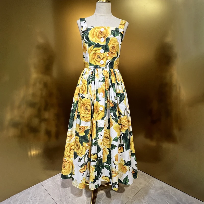 1:1 2024 Women's Long Dresses Light Luxury Brand D0cle Yellow Rose Print Literary Long Holiday Dresses