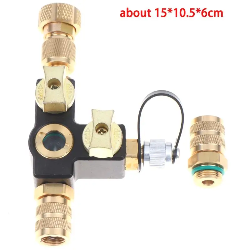 Brass AC Refrigerant Valve with Visible Sight Glass Quick Connectors Leak-Proof for HVAC Repair Air Conditioner Maintenance
