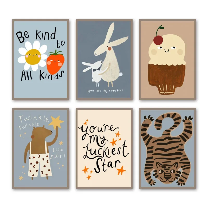 بوهو الكرتون الحيوان عباد الشمس جدار ملصق فني Kawaii الطفل الحضانة طباعة مضحك النمر الدب الأرنب تصميم قماش لديكور غرفة الأطفال