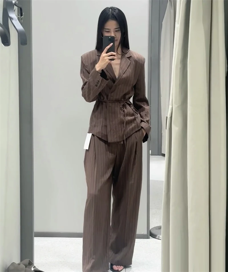 Costume deux pièces en lin pour femme, ensemble pantalon élégant, Blazer rayé, veste droite, jambes larges, nouvelle collection automne ﻿ Aftenстюм