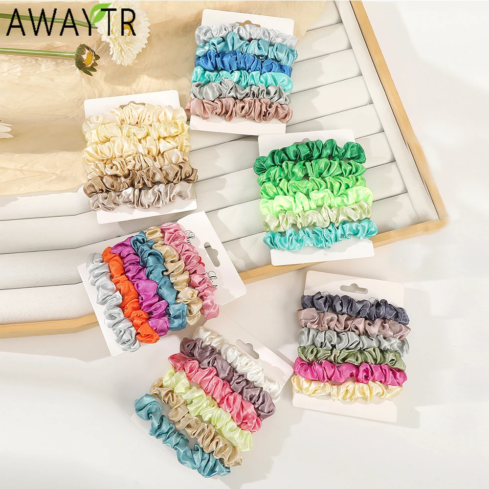 AWAYTR Mixed Color Satin Headbands Elasticity Nylon Rope Scrunchies Ponytail For Women Hair Ties Holders Rubber Band Headdress