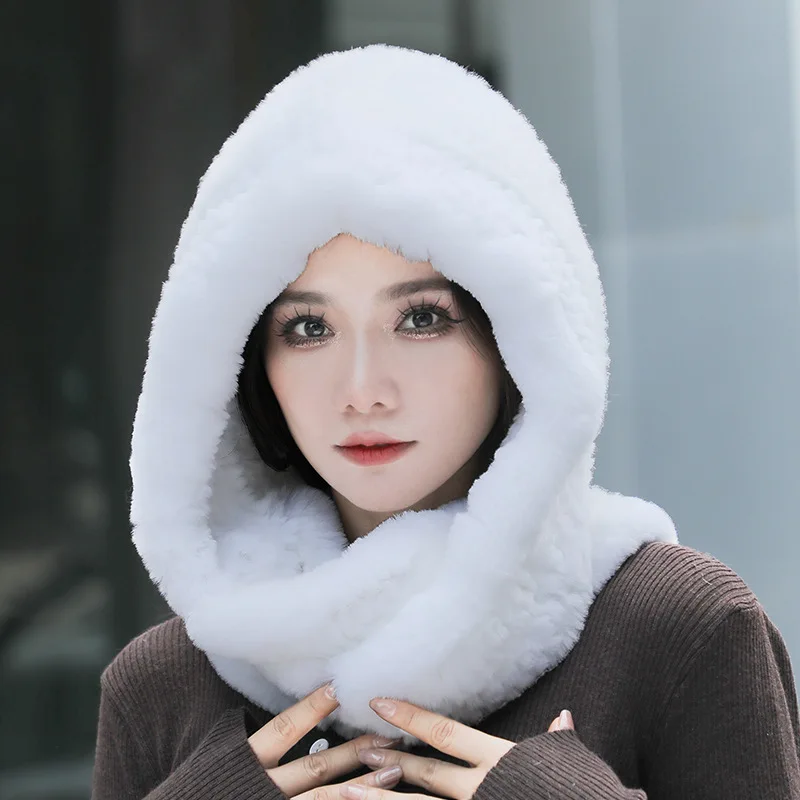 Hat Women New Knitted Real Rex Rabbit Fur Hat Hooded Scarf Winter hats for Woman Cap Warm Natural Fur Hat With Neck Scarves