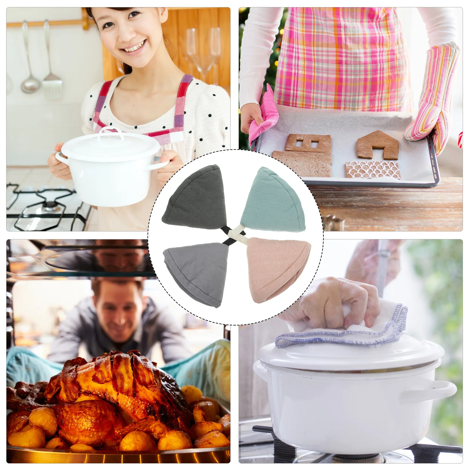 

4pcs Cotton Mini Pot Handle Covers Triangle Shape Heat Resistant Kitchen Accessories Microwave Grip Pads Reusable For Hot Pots