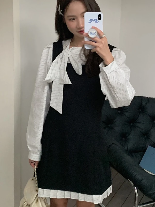 

Spring Fashion Women's Sweet Versatile Shirt Vest Dress Set Non-Removable Belt Inner Wear Two-Piece Suit Chinese Brand