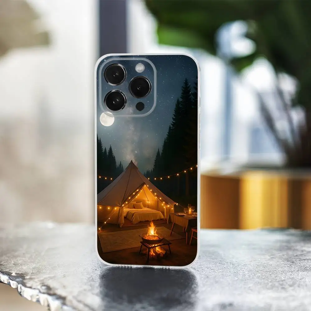 Funda de teléfono para acampar al aire libre de montaña para iPhone 16,15,14,13,12,11 Pro,Max,Plus,X,XS,XR,SE,Mini cubierta suave transparente