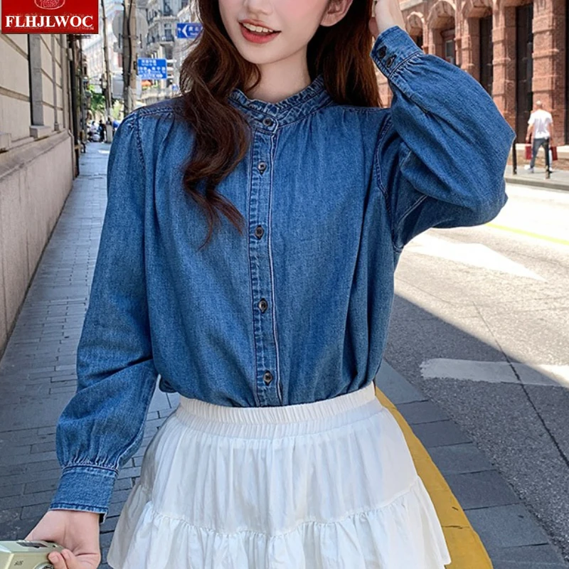 Europeu retro denim topos solto outerwear ano novo primavera feminino manga longa casual vintage gola azul jeans camisas jeans