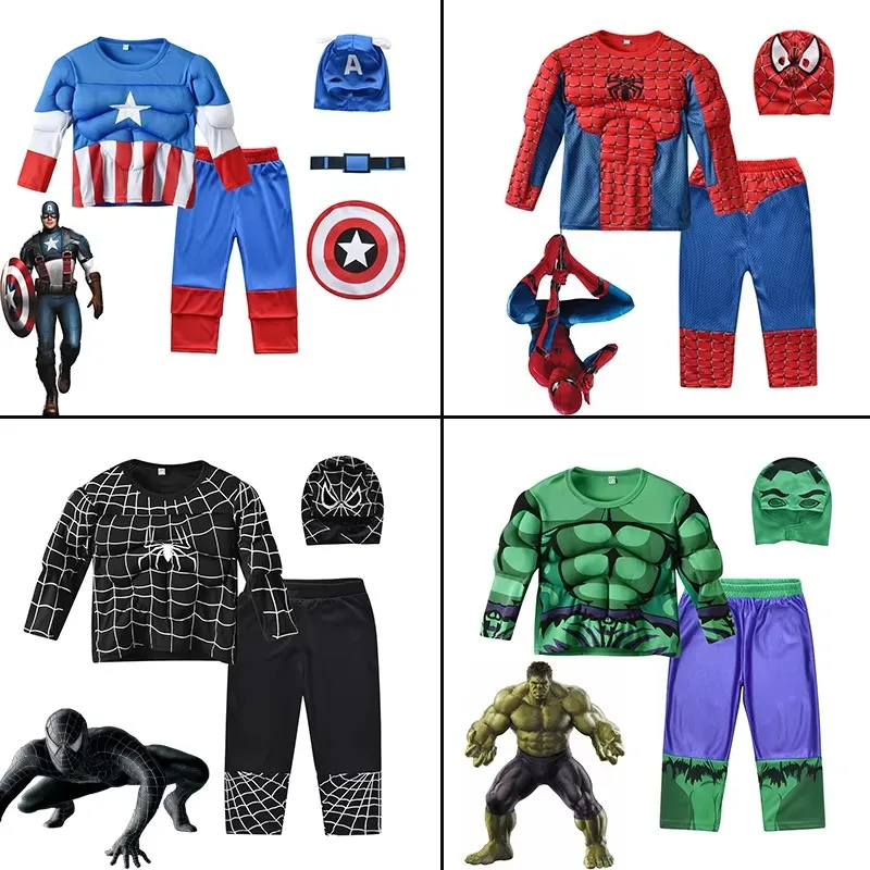 Hero Hulk Captain America Cosplay Costume Boy Kids Clothes Spiderman Muscle Suit Halloween Carnival Birthday Party