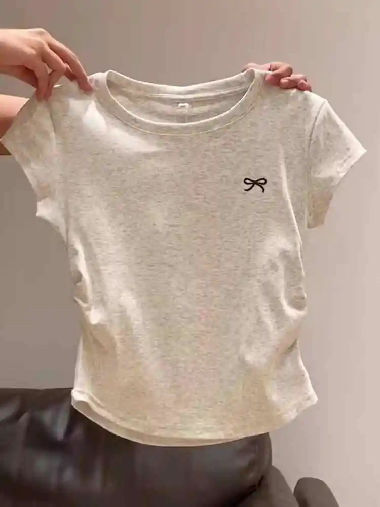 

Летняя женская плиссированная футболка с поясом для похудения, круглым вырезом и короткими рукавами, модные повседневные женские пуловеры для молодых девушек, топы