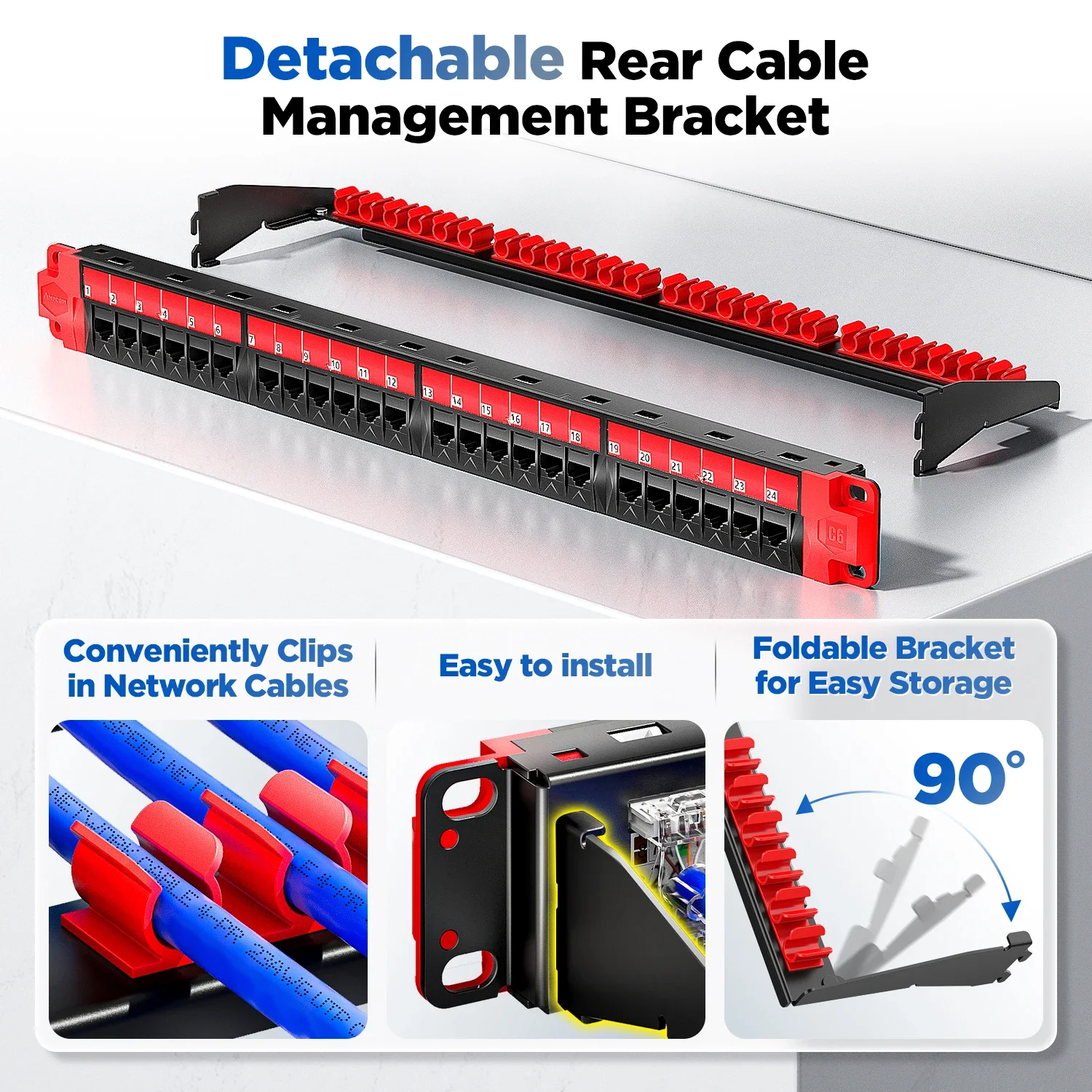 Патч-панель AMPCOM CAT6, 24 порта, Промышленная серия 50U позолоченная, 1 Гбит/с, стойка EDF с отверстием, прошедший испытание Fluke