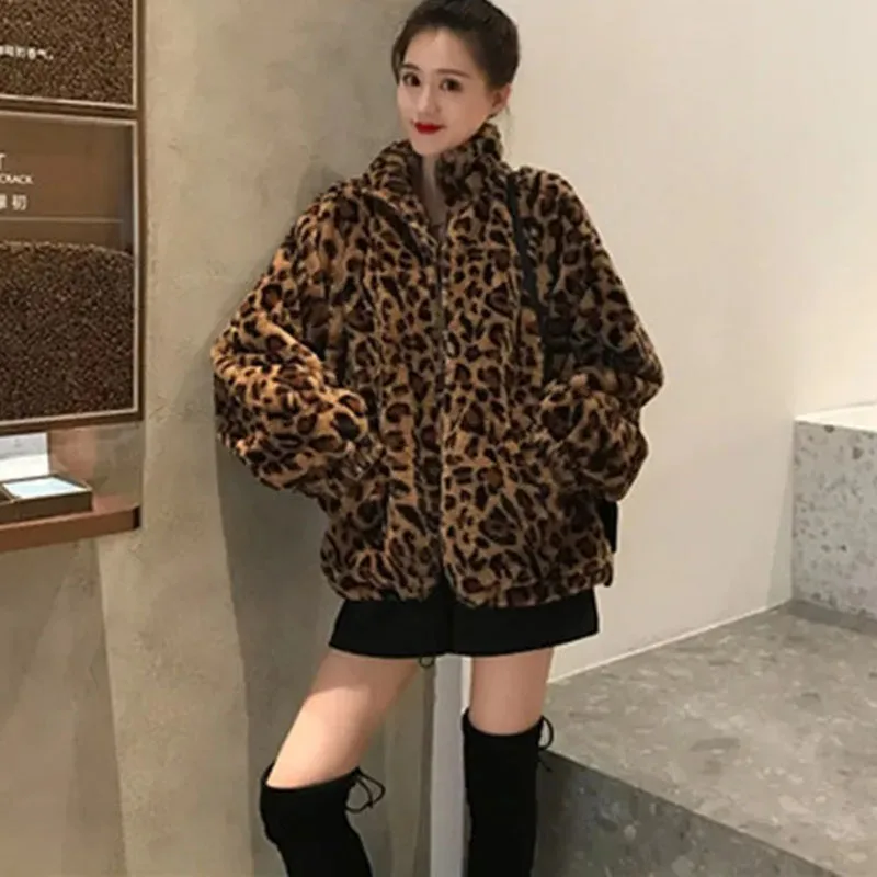 Damska kurtka w panterkę ze stójką, ciepłe parki, koreańska odzież wierzchnia, luźne płaszcze ze sztucznego futra, kobieta, jesień, zima, nowość,