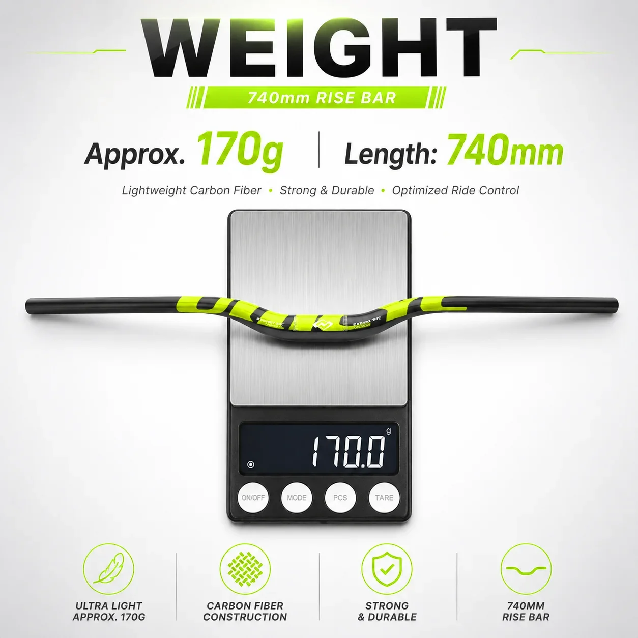 Ullicyc Full Carbon MTB Handlebar 3K Gloss Yellow 580-740mm Flat/Rise Bicycle Bar, Lightweight Update for MTB & Electric Scooter