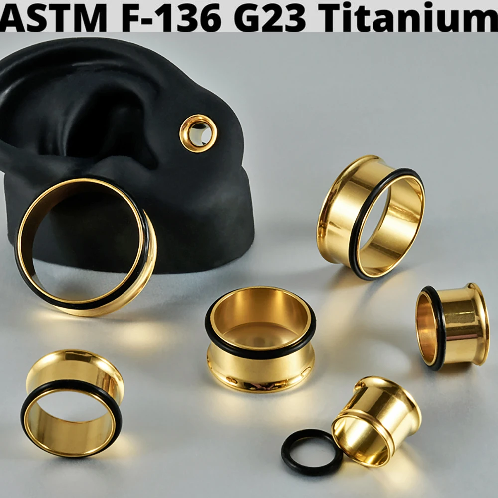 PAIR G23 Titanium Single Flare Tunnel Plugs Expander Golden Tapers Ear Lobe Stretching Plugs Round Hollow Ear Piercing Jewelry