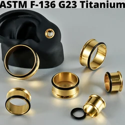 PAIR G23 Titanium Single Flare Tunnel Plugs Expander Golden Tapers Ear Lobe Stretching Plugs Round Hollow Ear Piercing Jewelry