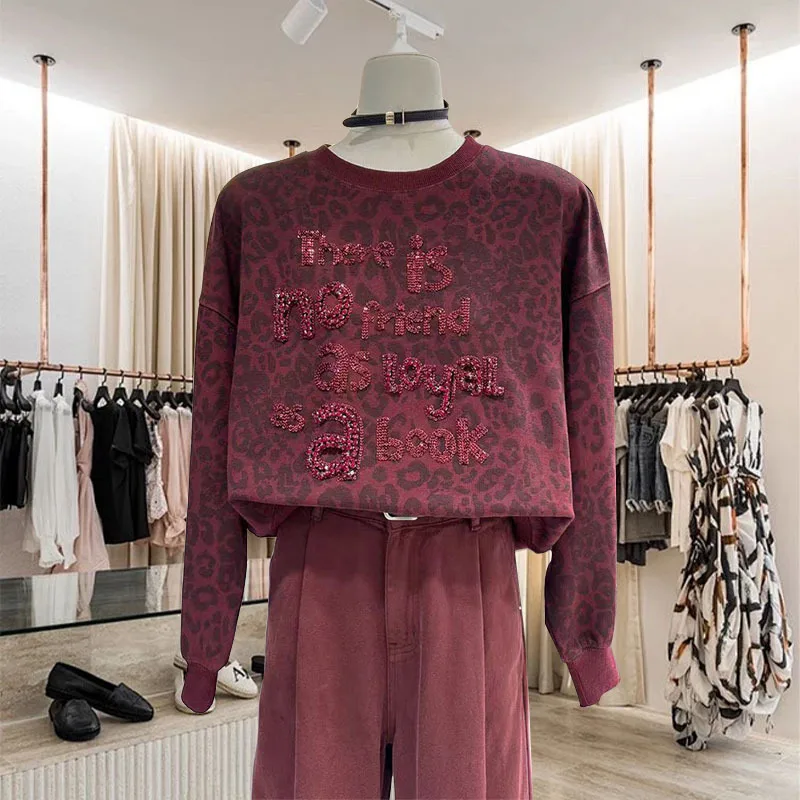 جديد تي شيرت بأكمام طويلة للنساء خطابات ليوبارد طباعة مسمار الخرز المألوف وعصري تنوعا البلوز #2