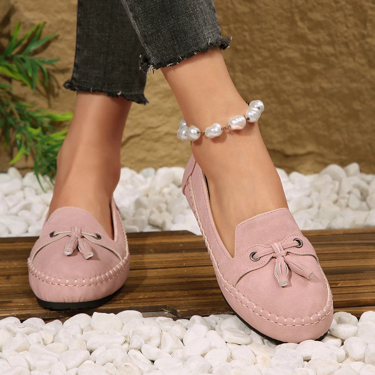 Damen-Loafer mit Quasten, runde Zehenpartie, Slip-On, flache Schuhe, Wildleder-Optik, weiche Sohle, lässige Damen-Mokassins für den Alltag. – Detail 18