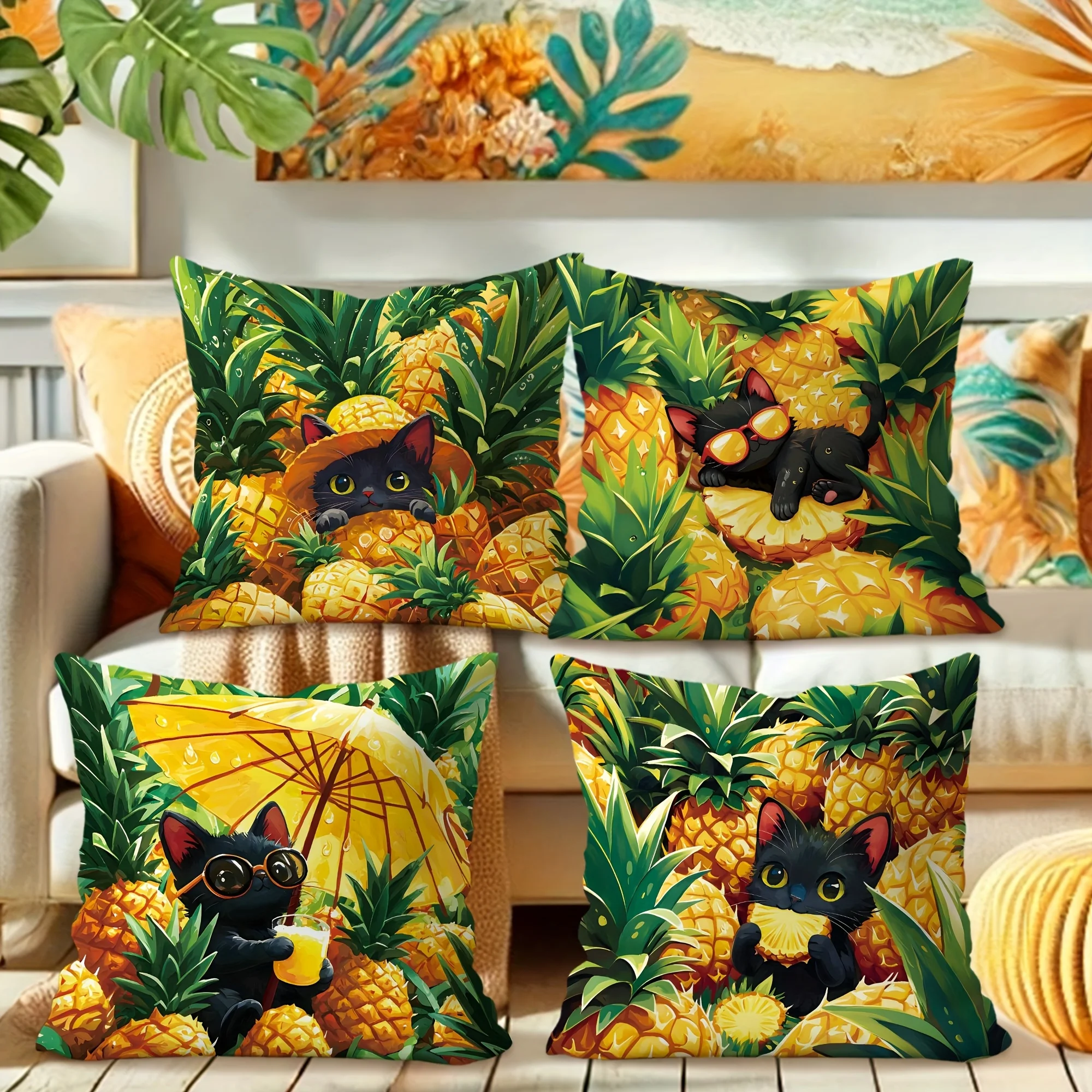 Cute pineapple cat pattern digital printing pillow cover Short plush Suitable living rooms bedrooms sofas throw cushion cover