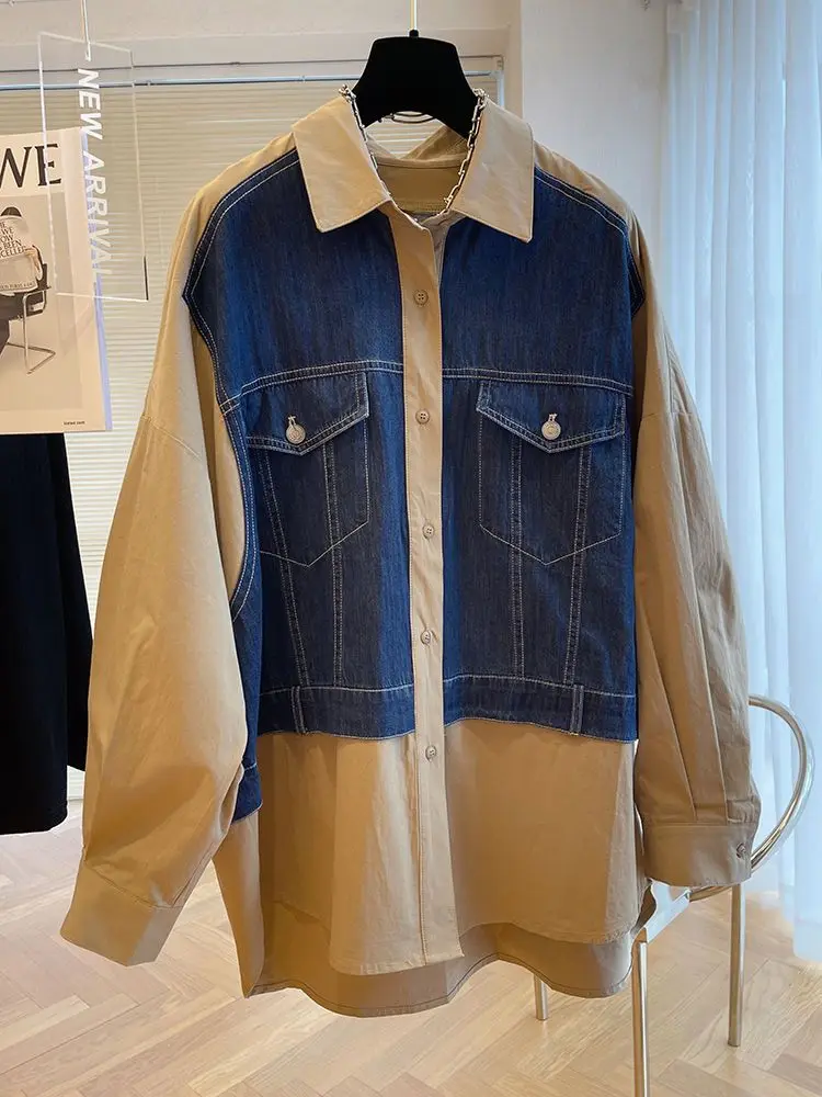 

Oversize Casual Denim Patchwork Shirts Women All-match Mid-length Loose Blusas De Mujer Y2k Lapel Neck Fake Two Piece Blouses