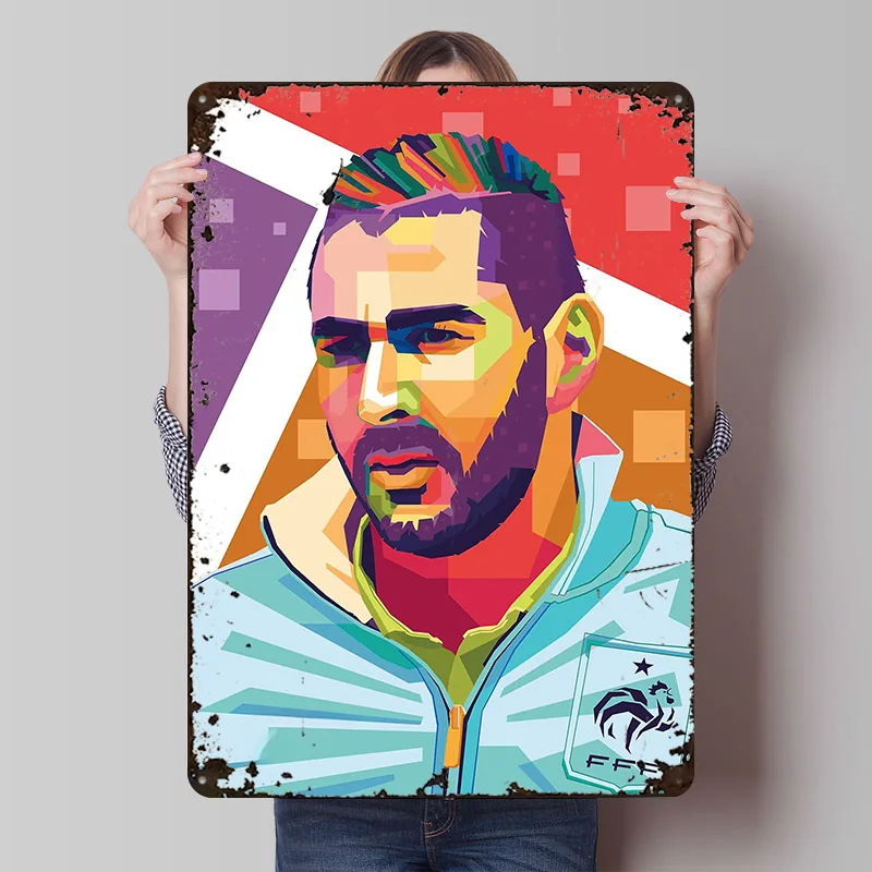 Фото Постер из жести в стиле поп-арт с Каримом Бенземой, индивидуальный дизайн, ретро-винтажные металлические таблички для декора комнаты фанатов, интерьера дома