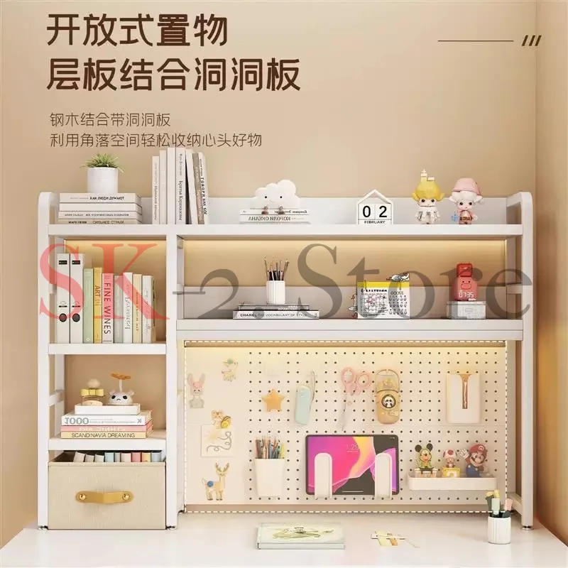 Desktop Bookshelf Organizer with Pegboard Multi-Tier Desk Shelf Storage Rack Metal Wood Tabletop Bookcase for Home Office Study