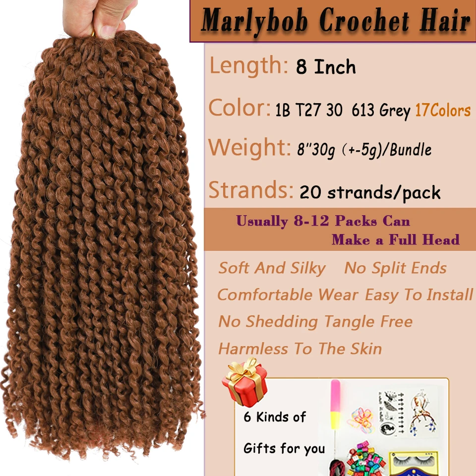 8 Inch Brown Color Short Passion Twist Hair Marlybob Crochet Hair Pre-looped Kinky Curly Braiding Hair Water Wave Crochet Braids