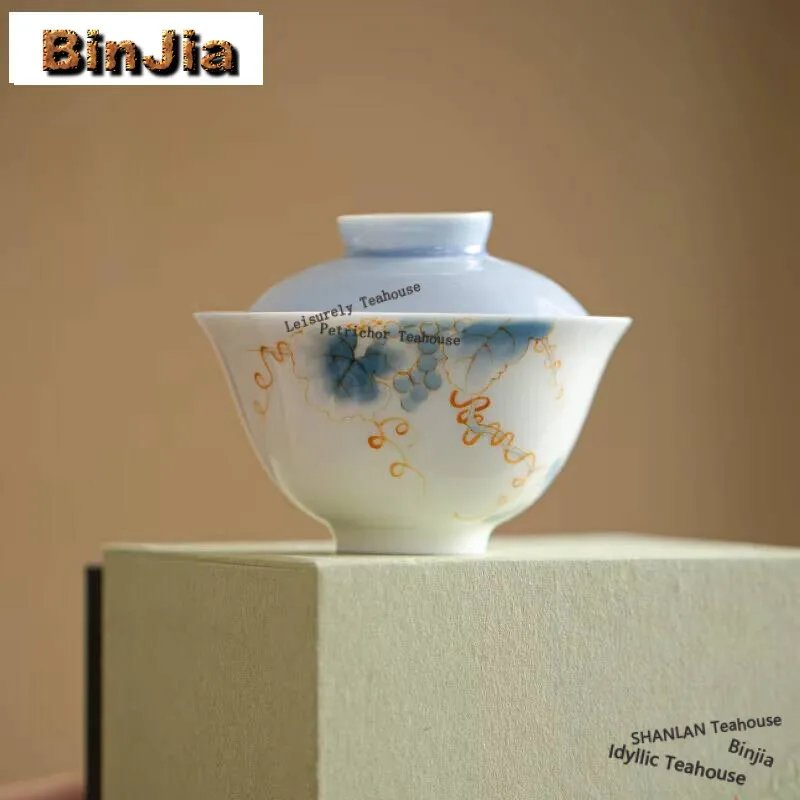 

130Ml Jade Porcelain Cover Bowl Hand Drawn Midsummer Gaiwan Zen Anti Scald Tea Tureen Brewing Chinese Set Ornaments Gift